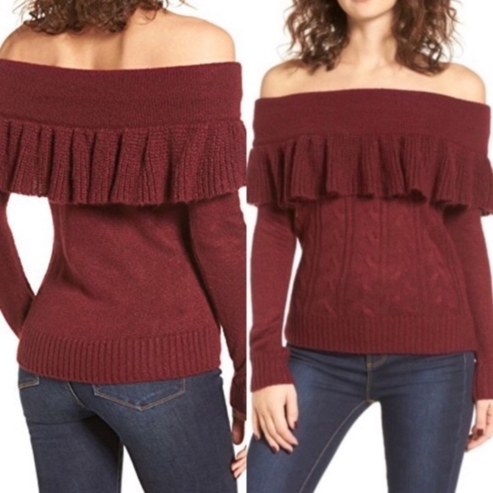 Wayf Ruffle Off The Shoulder Sweater size XS maroon color fall winter